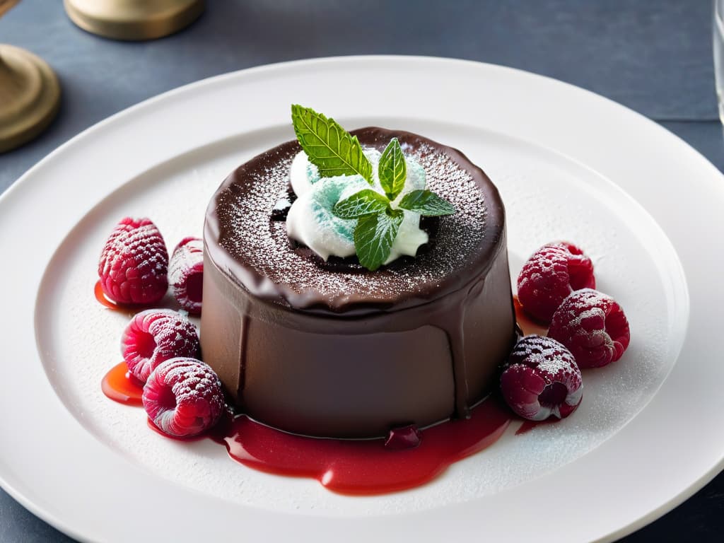  An elegant, minimalistic image of a pristine white plate featuring a decadent chocolate lava cake topped with a glossy raspberry coulis, a delicate gold leaf, and a vibrant fresh mint sprig, all set against a stark black background to highlight the luxurious presentation and highquality ingredients. hyperrealistic, full body, detailed clothing, highly detailed, cinematic lighting, stunningly beautiful, intricate, sharp focus, f/1. 8, 85mm, (centered image composition), (professionally color graded), ((bright soft diffused light)), volumetric fog, trending on instagram, trending on tumblr, HDR 4K, 8K