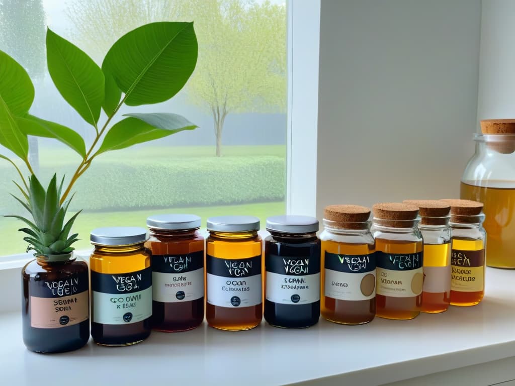  An elegant and minimalistic image of a variety of vegan sweeteners displayed on a sleek, modern kitchen countertop. The assortment includes agave syrup, coconut sugar, maple syrup, and stevia leaves, all neatly organized in glass jars with labels. The natural light coming through a nearby window highlights the textures and colors of the different sweeteners, creating a visually appealing and informative composition for the vegan sweeteners article. hyperrealistic, full body, detailed clothing, highly detailed, cinematic lighting, stunningly beautiful, intricate, sharp focus, f/1. 8, 85mm, (centered image composition), (professionally color graded), ((bright soft diffused light)), volumetric fog, trending on instagram, trending on tumblr, HDR 4K, 8K