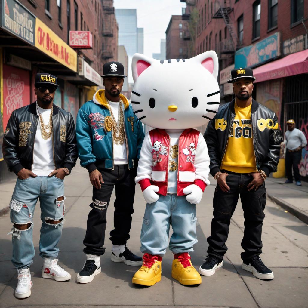  Hello Kitty in a hip hop outfit from the 1980s hanging out with members of the Wu-Tang Clan, dressed in their iconic style on the Lower East Side of New York City. They're all holding retro microphones instead of cigarettes, and there are boomboxes and graffiti that are typical of the 1980s hip hop scene in the background. hyperrealistic, full body, detailed clothing, highly detailed, cinematic lighting, stunningly beautiful, intricate, sharp focus, f/1. 8, 85mm, (centered image composition), (professionally color graded), ((bright soft diffused light)), volumetric fog, trending on instagram, trending on tumblr, HDR 4K, 8K