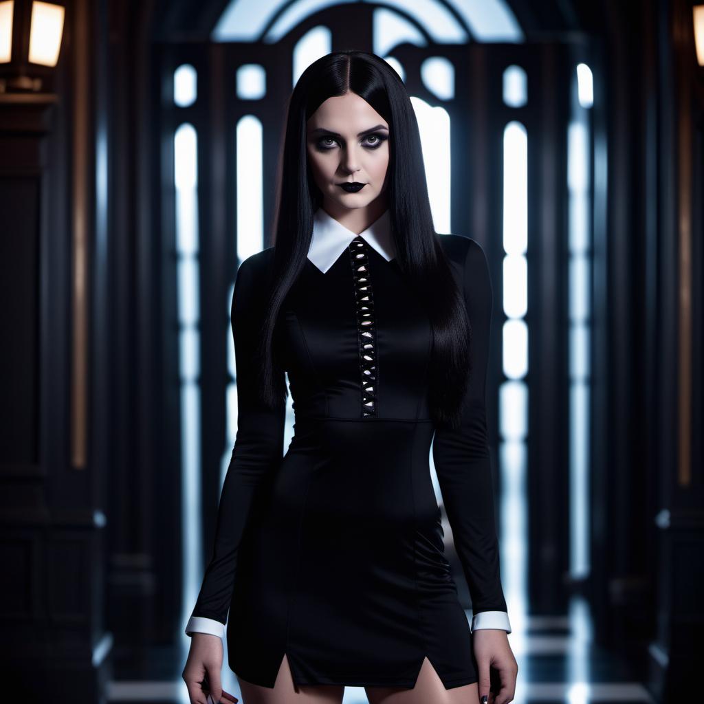  cinematic photo Sexy woman as wednesday addams, muscular legs, cosplay, black dress, dark interior, full body shot, 8k, high quality . 35mm photograph, film, bokeh, professional, 4k, highly detailed