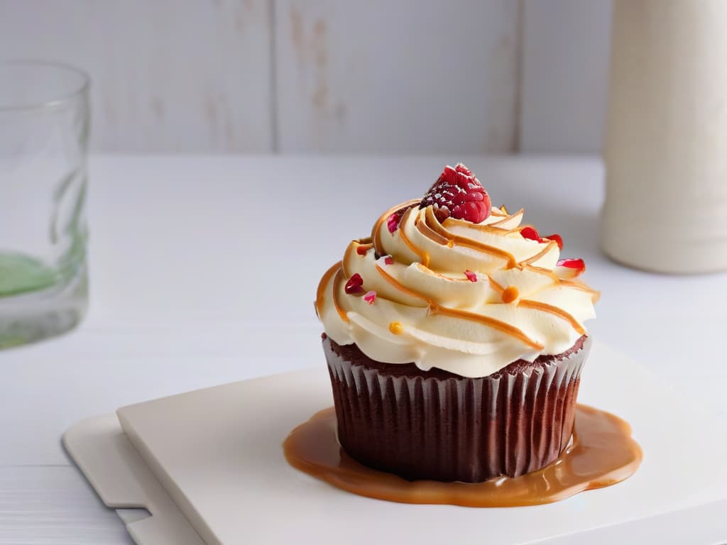  A minimalistic image of a beautifully decorated cupcake with vibrant frosting and delicate sprinkles, placed on a sleek, modern white plate. The cupcake is artfully garnished with a fresh raspberry on top, and a light drizzle of caramel sauce cascading down its side. The background is a soft focus of a bustling bakery kitchen, with hints of colorful ingredients and busy bakers in action, creating a serene yet dynamic scene that evokes a sense of creativity and indulgence. hyperrealistic, full body, detailed clothing, highly detailed, cinematic lighting, stunningly beautiful, intricate, sharp focus, f/1. 8, 85mm, (centered image composition), (professionally color graded), ((bright soft diffused light)), volumetric fog, trending on instagram, trending on tumblr, HDR 4K, 8K