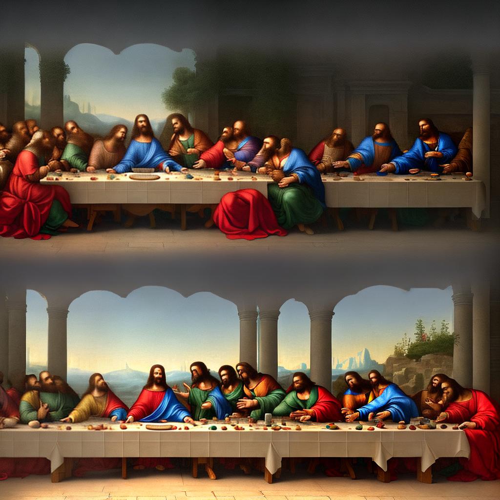  ((masterpiece)),(((best quality))), 8k, high detailed, ultra-detailed, The Last Supper by Leonardo da Vinci, a depiction of Jesus and his twelve disciples gathered around a long table. hyperrealistic, full body, detailed clothing, highly detailed, cinematic lighting, stunningly beautiful, intricate, sharp focus, f/1. 8, 85mm, (centered image composition), (professionally color graded), ((bright soft diffused light)), volumetric fog, trending on instagram, trending on tumblr, HDR 4K, 8K