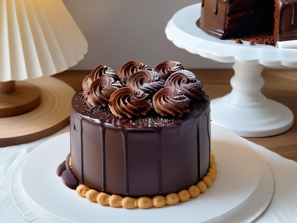  A closeup, ultradetailed image of a glossy, perfectly tempered dark chocolate ganache being delicately poured over a sinfully decadent chocolate cake, showcasing intricate swirls and smooth, mirrorlike finish. The rich, velvety texture of the ganache contrasts beautifully with the deep, dark color of the cake, creating a mesmerizing visual feast for the eyes. The play of light on the glossy surface enhances the luxurious, indulgent feel of the dessert, making it a truly tantalizing sight for any chocolate lover. hyperrealistic, full body, detailed clothing, highly detailed, cinematic lighting, stunningly beautiful, intricate, sharp focus, f/1. 8, 85mm, (centered image composition), (professionally color graded), ((bright soft diffused light)), volumetric fog, trending on instagram, trending on tumblr, HDR 4K, 8K