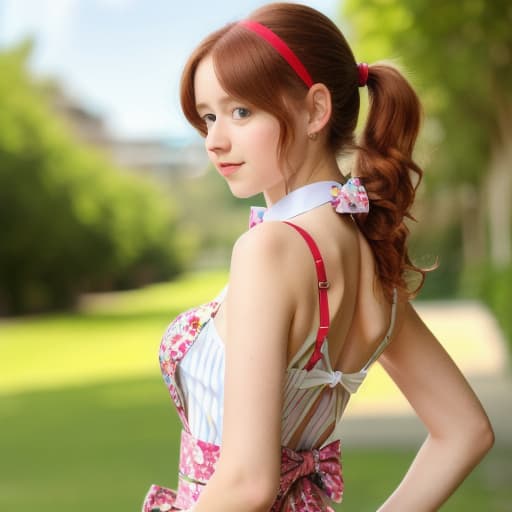  (masterpiece, best quality), 1girl, collarbone, wavy hair, looking at viewer, blurry, full body, bow tie, suspenders, floral print, ponytail,red hair, sunlight,