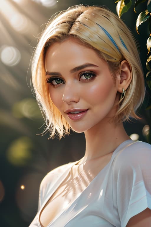  1girl,1girl,blonde short hair,straight hair,upper body shot,shirt,smile hyperrealistic, full body, detailed clothing, highly detailed, cinematic lighting, stunningly beautiful, intricate, sharp focus, f/1. 8, 85mm, (centered image composition), (professionally color graded), ((bright soft diffused light)), volumetric fog, trending on instagram, trending on tumblr, HDR 4K, 8K