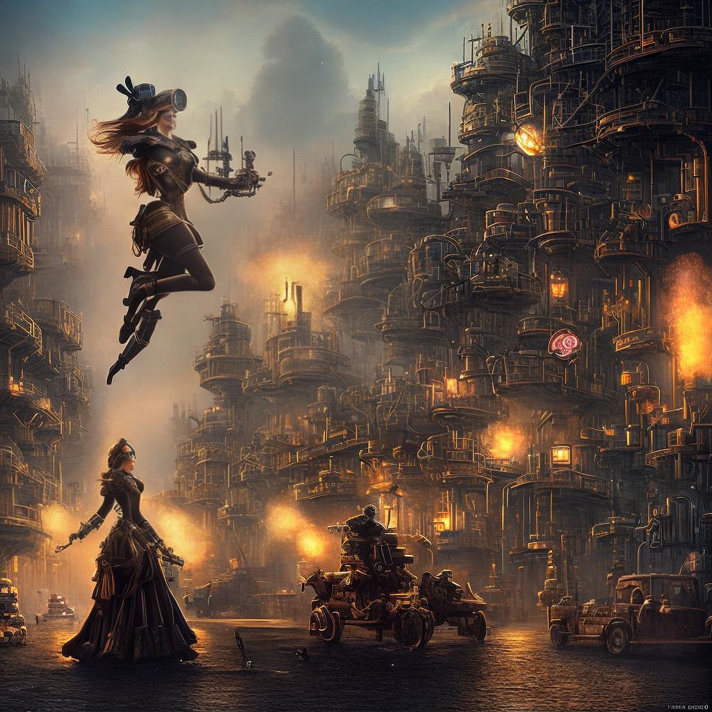  ((masterpiece)),(((best quality))), 8k, high detailed, ultra-detailed. A steampunk flirty girl, wearing a corseted dress and goggles, standing on a mechanical contraption. She is surrounded by gears, pipes, and steam, with a cityscape in the background. The lighting is warm and golden, casting dramatic shadows on her face. The medium is oil painting. The artist is Jules Verne. You can find more of their work on their website julesverneart.com. hyperrealistic, full body, detailed clothing, highly detailed, cinematic lighting, stunningly beautiful, intricate, sharp focus, f/1. 8, 85mm, (centered image composition), (professionally color graded), ((bright soft diffused light)), volumetric fog, trending on instagram, trending on tumblr, HDR 4K, 8K
