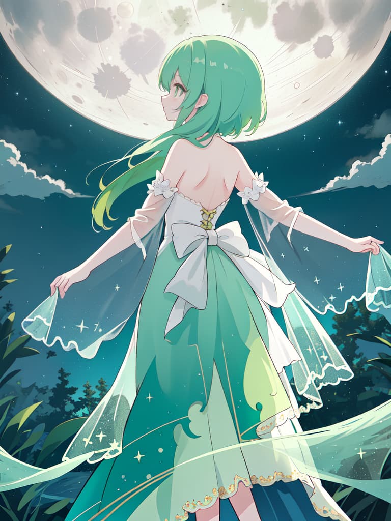  The back of the green hair character that stretches both hands on the full moon in the night sky, masterpiece, best quality,8k,ultra detailed,high resolution,an extremely delicate and beautiful,hyper detail