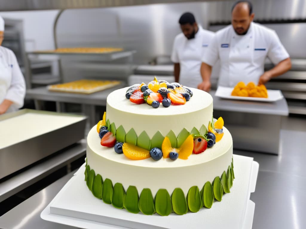  An ultradetailed image of a diverse group of professional bakers creatively decorating intricate, ecofriendly cakes using sustainable ingredients like organic fruits and edible flowers, set against a backdrop of a modern, sleek bakery kitchen with stateoftheart equipment, exuding an air of innovation and dedication to sustainable baking practices. hyperrealistic, full body, detailed clothing, highly detailed, cinematic lighting, stunningly beautiful, intricate, sharp focus, f/1. 8, 85mm, (centered image composition), (professionally color graded), ((bright soft diffused light)), volumetric fog, trending on instagram, trending on tumblr, HDR 4K, 8K