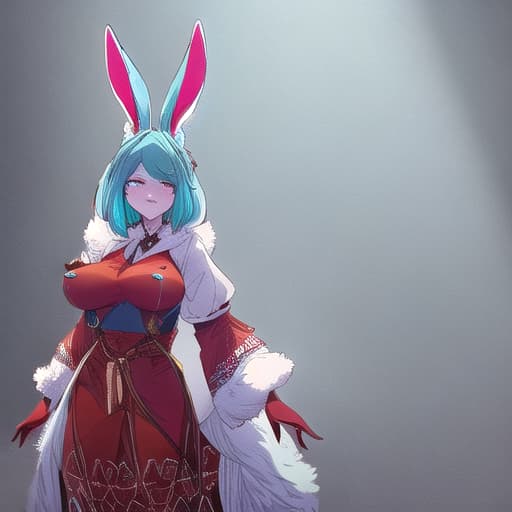  anthropomorphic rabbit with cyan fur, with large breast, the top part of her ears is red. dark red half breasted dress. Crop shirt hyperrealistic, full body, detailed clothing, highly detailed, cinematic lighting, stunningly beautiful, intricate, sharp focus, f/1. 8, 85mm, (centered image composition), (professionally color graded), ((bright soft diffused light)), volumetric fog, trending on instagram, trending on tumblr, HDR 4K, 8K