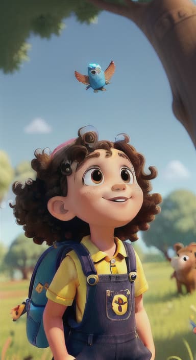  {Riley looking up at the tree with a big smile, animals surrounding them., Riley, a curious with big brown eyes and curly hair, wearing overalls and carrying a small backpack. Their friend, Skye, a bluebird with shiny feathers.