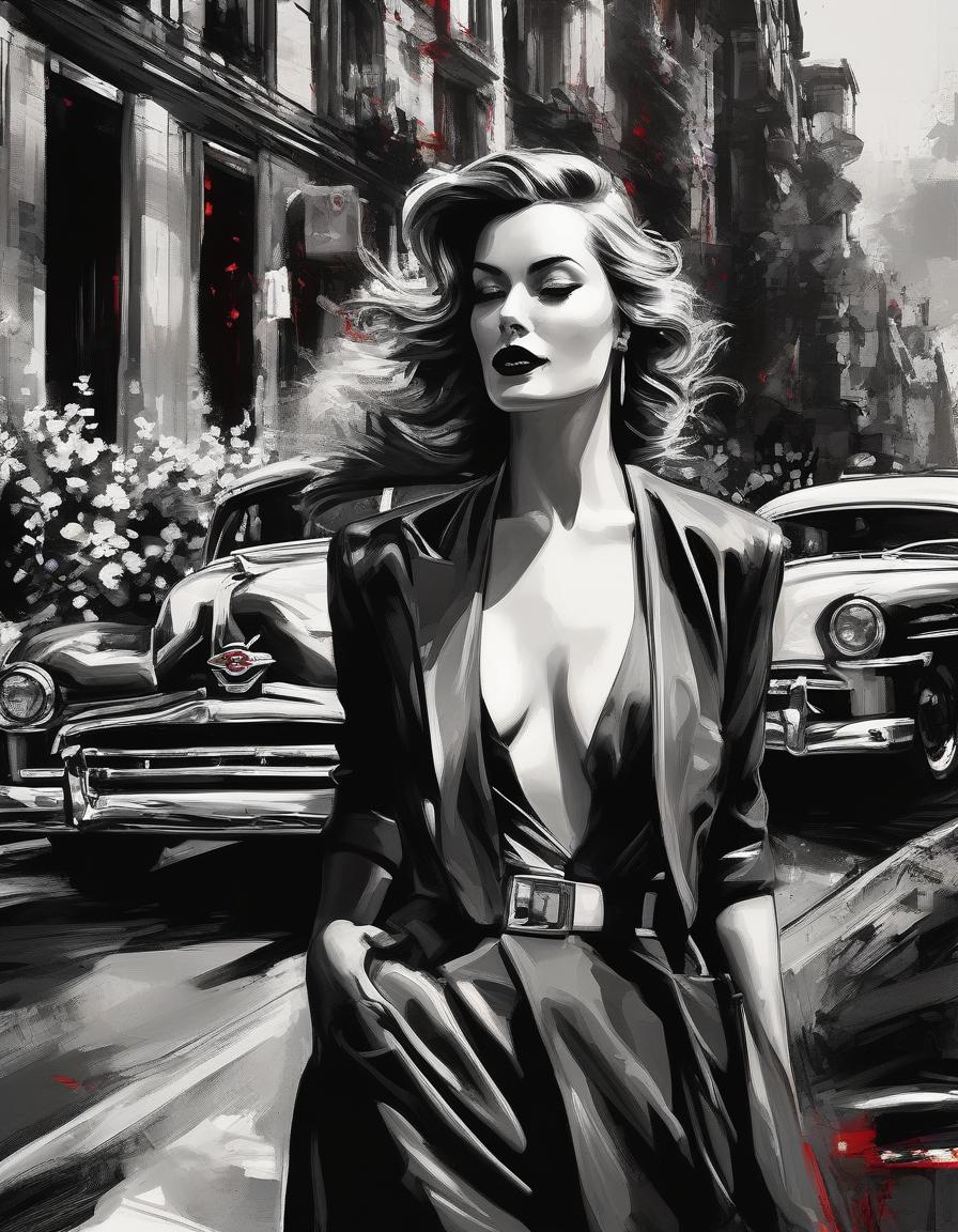  film noir style Abstract Illusionism, ink action painting, concept art, paint it black, a beautiful girl dressed in summer fashion clothes, flowers, city street, car,abstract strokes on a background, selective color, red . monochrome, high contrast, dramatic shadows, 1940s style, mysterious, cinematic hyperrealistic, full body, detailed clothing, highly detailed, cinematic lighting, stunningly beautiful, intricate, sharp focus, f/1. 8, 85mm, (centered image composition), (professionally color graded), ((bright soft diffused light)), volumetric fog, trending on instagram, trending on tumblr, HDR 4K, 8K