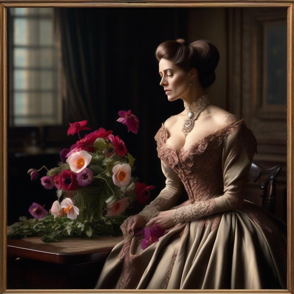  Victorian beauty in grief beautiful dress with an arrangement of anemones 1870s rose orchids bouquet on the table hyperrealistic, full body, detailed clothing, highly detailed, cinematic lighting, stunningly beautiful, intricate, sharp focus, f/1. 8, 85mm, (centered image composition), (professionally color graded), ((bright soft diffused light)), volumetric fog, trending on instagram, trending on tumblr, HDR 4K, 8K