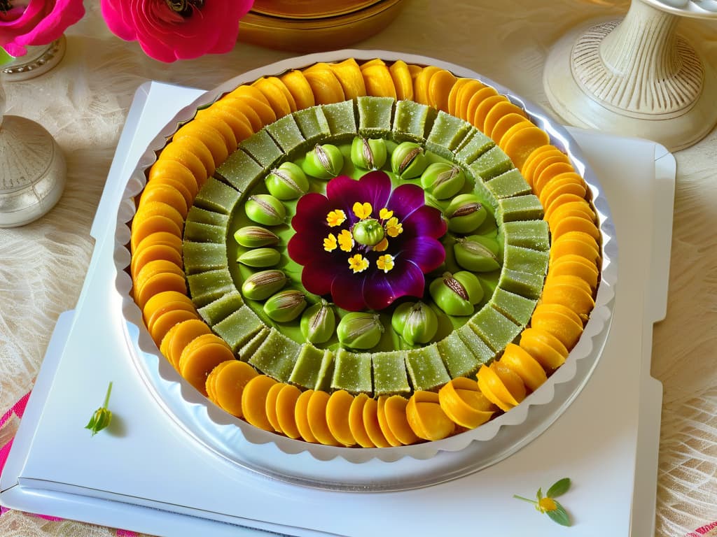  An intricately designed silver tray filled with an array of colorful, traditional Ottoman Empire sweets arranged in a circular pattern. The sweets include baklava, Turkish delight, and pistachio cookies, each garnished with delicate edible flowers and nuts. The background is a soft, muted color to make the vibrant sweets stand out, creating a visually appealing and appetizing image that embodies the rich culinary tradition of the Ottoman Empire. hyperrealistic, full body, detailed clothing, highly detailed, cinematic lighting, stunningly beautiful, intricate, sharp focus, f/1. 8, 85mm, (centered image composition), (professionally color graded), ((bright soft diffused light)), volumetric fog, trending on instagram, trending on tumblr, HDR 4K, 8K