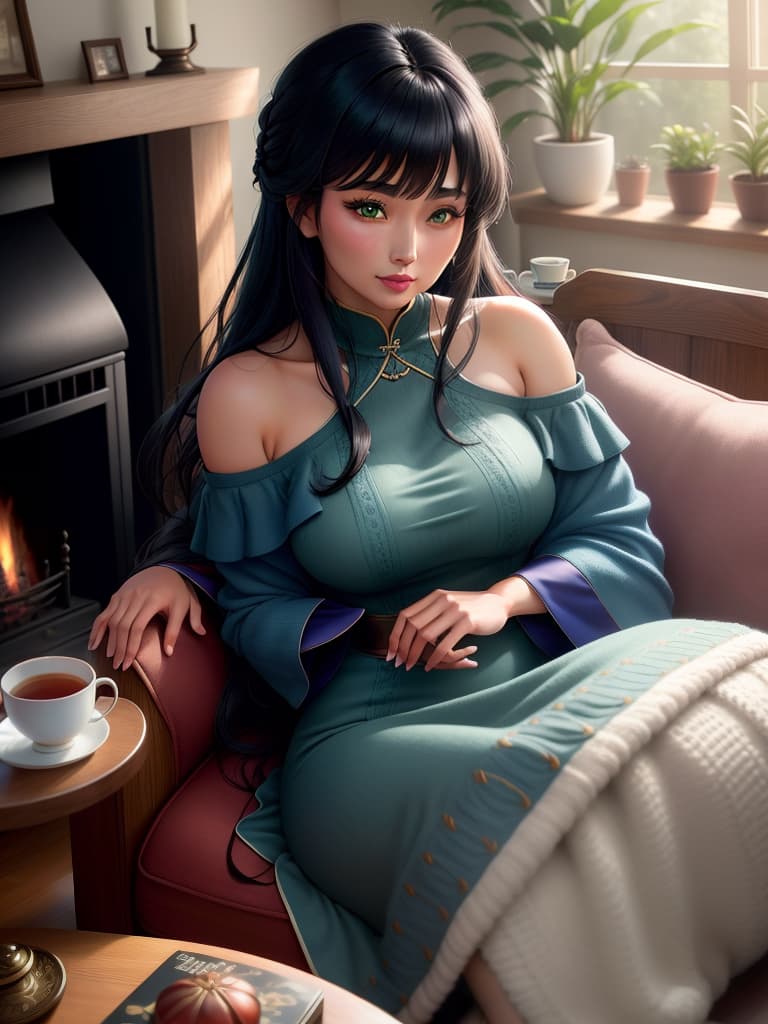  An cute and anime wearing blue china dress, black mid length hair with bangs, bare shoulders, bare arms, exudes feminine charm, greeny eyes with attractive lashes, full subtle mauve lipstick, large s covered by curved fit dress, blush, expression on face Background:cozy living room with a crackling fireplace, plush sofas with throw pillows, warm ambient lighting, wooden bookshelves filled with books, a soft knitted throw blanket on an armchair, family photos on the mantelpiece, a lazy cat sleeping on a window sill, a steaming mug of tea on a side table, indoor plants adding a touch of green, hardwood floors with a area rug, tranquil and inviting atmosphere. Dress: , no jewelry hyperrealistic, full body, detailed clothing, highly detailed, cinematic lighting, stunningly beautiful, intricate, sharp focus, f/1. 8, 85mm, (centered image composition), (professionally color graded), ((bright soft diffused light)), volumetric fog, trending on instagram, trending on tumblr, HDR 4K, 8K