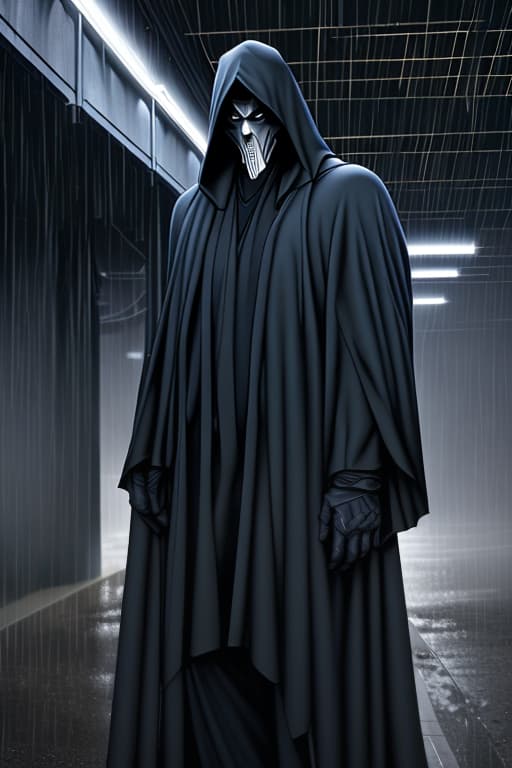  A-TaK, Tall, standing under freeway light, heavy rain, dressed like grim reaper, white mask, Grendel type