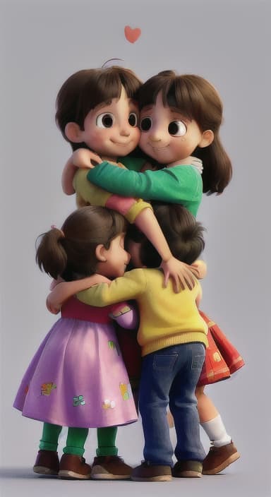  {Children coming together for a hug, wrapped in each other's arms., The same happy children, showing unity and friendship as they hug each other.