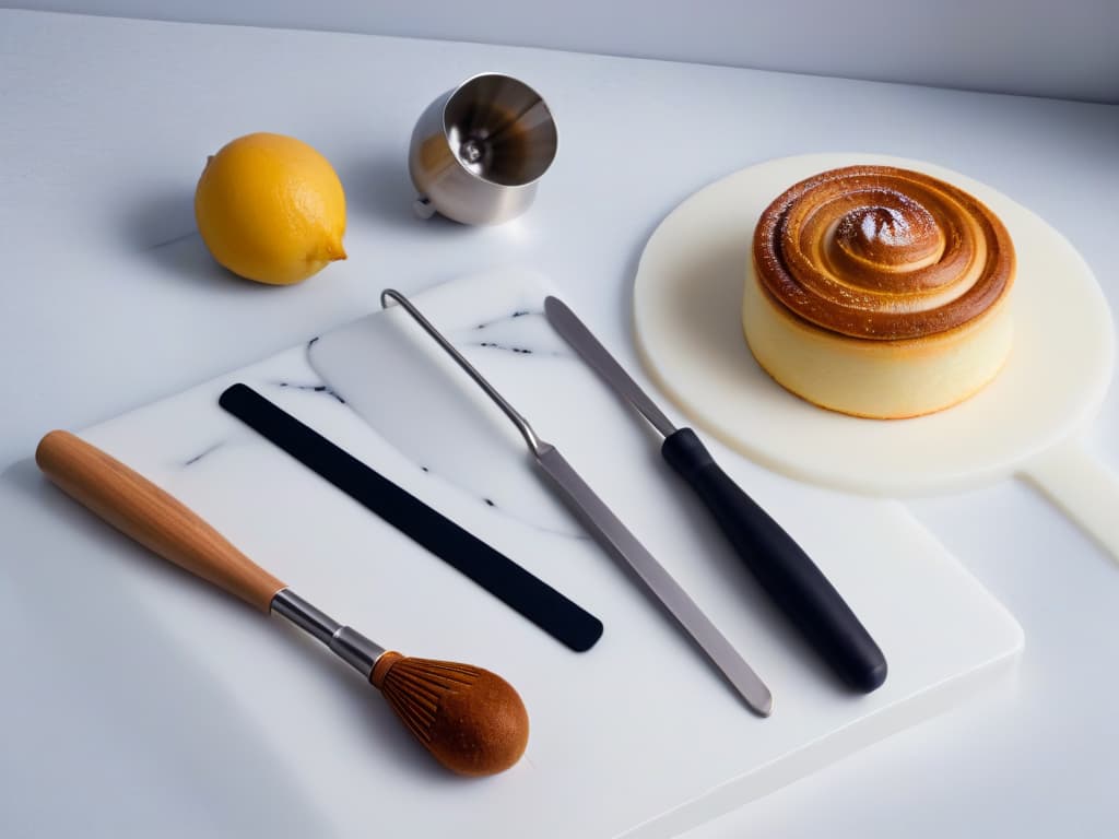  A sleek, minimalistic image showcasing a set of premium pastry tools laid out on a pristine marble countertop. The focus is on the intricate details of the highquality utensils a polished stainless steel whisk, a precisely crafted wooden rolling pin, and a luxurious silicone spatula with a comfortable ergonomic handle. The soft, natural lighting highlights the impeccable craftsmanship of these premium baking tools, evoking a sense of elegance and sophistication in the art of pastry making. hyperrealistic, full body, detailed clothing, highly detailed, cinematic lighting, stunningly beautiful, intricate, sharp focus, f/1. 8, 85mm, (centered image composition), (professionally color graded), ((bright soft diffused light)), volumetric fog, trending on instagram, trending on tumblr, HDR 4K, 8K