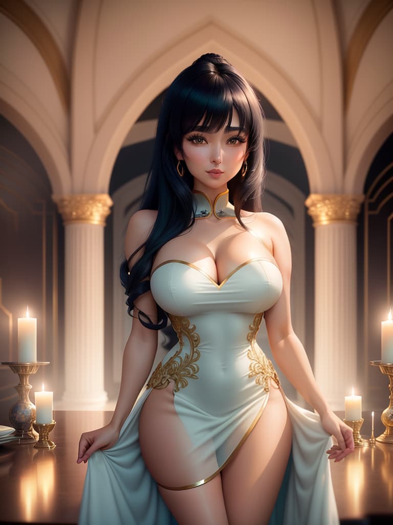  An cute and anime wearing blue china dress, black mid length hair with bangs, bare shoulders, bare arms, exudes feminine charm, greeny eyes with attractive lashes, full subtle mauve lipstick, large s covered by curved fit dress, blush, expression on face Background:luxurious room in a grand palace, oval freestanding tub with gold accents, marble floors with reflections, tall arched windows, stargazing view through a gl ceiling, warm ambient lighting, scattered rose petals, ornate pillars and arches, high end spa atmosphere, candles casting soft glow, fluffy white towels, elegant floral arrangements in vases, tranquil and serene mood, indoor poolside cherry blossoms. hyperrealistic, full body, detailed clothing, highly detailed, cinematic lighting, stunningly beautiful, intricate, sharp focus, f/1. 8, 85mm, (centered image composition), (professionally color graded), ((bright soft diffused light)), volumetric fog, trending on instagram, trending on tumblr, HDR 4K, 8K