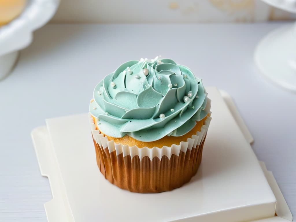  An ultradetailed closeup image of a beautifully crafted, intricately designed cupcake with vibrant icing, delicate fondant decorations, and shimmering edible pearls, set against a sleek, modern backdrop. The focus is on the exquisite details of the dessert, showcasing the artistry and precision that goes into creating themed pastry masterpieces for effective merchandising. hyperrealistic, full body, detailed clothing, highly detailed, cinematic lighting, stunningly beautiful, intricate, sharp focus, f/1. 8, 85mm, (centered image composition), (professionally color graded), ((bright soft diffused light)), volumetric fog, trending on instagram, trending on tumblr, HDR 4K, 8K