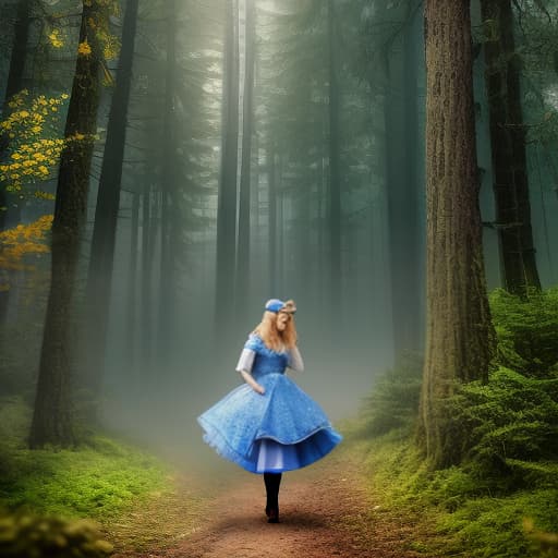 dvarchmodern A fairytale young Alice in a blue dress with golden hair and a headband reads a book by a puddle by a beautiful forest. hyperrealistic, full body, detailed clothing, highly detailed, cinematic lighting, stunningly beautiful, intricate, sharp focus, f/1. 8, 85mm, (centered image composition), (professionally color graded), ((bright soft diffused light)), volumetric fog, trending on instagram, trending on tumblr, HDR 4K, 8K