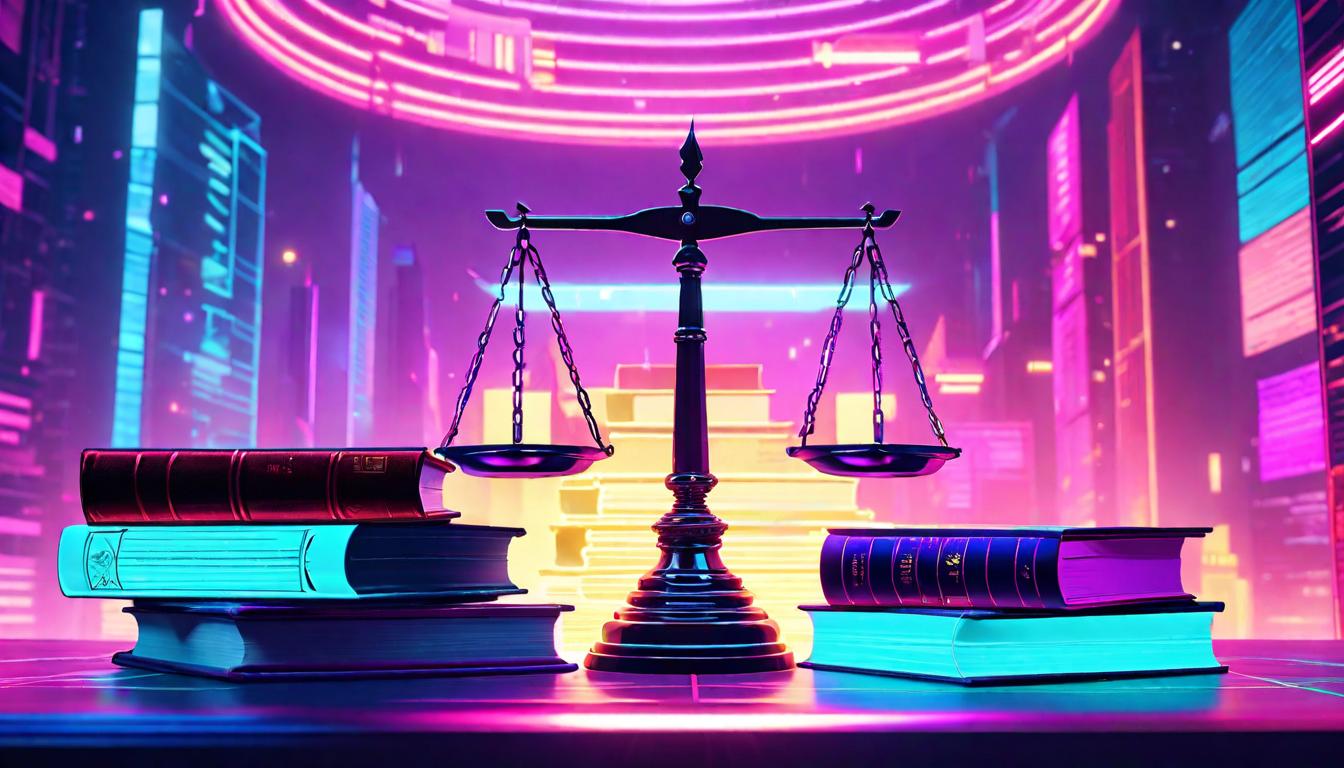  vaporwave,cyberpunk game style Scales of justice delicately balanced, one side holding a bright light, the other a stack of books and papers, contrast of inner light vs. external knowledge, ethereal glow, equilibriumeon, dystopian, futuristic, digital, vibrant, detailed, high contrast, reminiscent of cyberpunk genre video games,retro aesthetic, cyberpunk, vibrant, neon colors, vintage 80s and 90s style, highly detailed