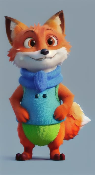  {Error the fox pressing the blue button with his paw, looking puzzled as nothing occurs., Error is a small, bright orange fox with a fluffy tail and big, inquisitive eyes. He has a mischievous yet kind expression and wears a tiny green scarf.