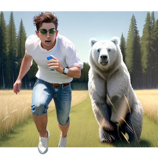  (best quality:1.5),(realistic:1.0), 1boy, white shirt, blue jeans, a bear chasing, green grass