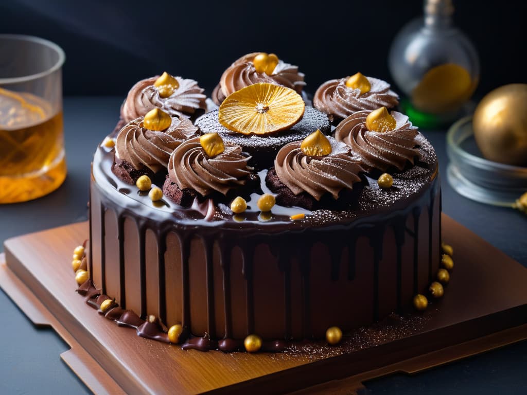  A closeup, ultradetailed image of a decadent chocolate rum cake topped with glossy chocolate glaze and sprinkled with gold flakes, set against a sleek black background, emphasizing the luxurious and sophisticated nature of desserts infused with rum and cognac. hyperrealistic, full body, detailed clothing, highly detailed, cinematic lighting, stunningly beautiful, intricate, sharp focus, f/1. 8, 85mm, (centered image composition), (professionally color graded), ((bright soft diffused light)), volumetric fog, trending on instagram, trending on tumblr, HDR 4K, 8K