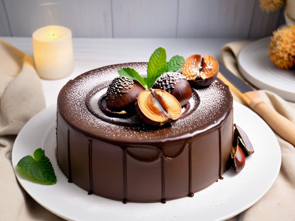  A minimalistic and highly detailed image of a decadent chestnut chocolate cake topped with roasted chestnuts, surrounded by a dusting of powdered sugar on a sleek white plate. The cake is rich and moist, with layers of chocolate ganache and chestnut cream, garnished with delicate chocolate shavings and fresh mint leaves. The background is softfocused to emphasize the elegant presentation of the dessert, creating a visually striking and appetizing focal point for the article on exclusive chestnut desserts for winter. hyperrealistic, full body, detailed clothing, highly detailed, cinematic lighting, stunningly beautiful, intricate, sharp focus, f/1. 8, 85mm, (centered image composition), (professionally color graded), ((bright soft diffused light)), volumetric fog, trending on instagram, trending on tumblr, HDR 4K, 8K