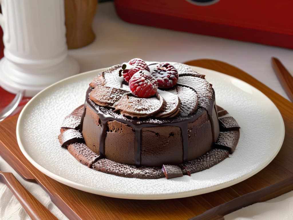  A closeup, ultradetailed image of a decadent glutenfree chocolate lava cake, perfectly moist and oozing with rich, gooey chocolate filling. The cake is elegantly garnished with a dusting of powdered sugar, a vibrant red raspberry, and a delicate mint leaf on a pristine white plate, creating a visually stunning and mouthwatering minimalistic composition. hyperrealistic, full body, detailed clothing, highly detailed, cinematic lighting, stunningly beautiful, intricate, sharp focus, f/1. 8, 85mm, (centered image composition), (professionally color graded), ((bright soft diffused light)), volumetric fog, trending on instagram, trending on tumblr, HDR 4K, 8K