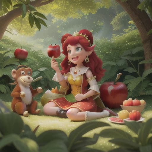  Create a vivid image where the scene shows "a sunny picnic spot in the forest, warming both the monkey and the dragon". Specifically emphasize the characters "a fairy laughing with a large apple in her hand and a monkey". Make the background--"shimmering green leaves and multi-colored flowers in sunlight"--more subtle. Confirm that the scene forms a more significant part of the image than the background, while still keeping the characters at the center of the focus., best quality, very detailed, high resolution, sharp, sharp image, extremely detailed, 4k, 8k, in-frame hyperrealistic, full body, detailed clothing, highly detailed, cinematic lighting, stunningly beautiful, intricate, sharp focus, f/1. 8, 85mm, (centered image composition), (professionally color graded), ((bright soft diffused light)), volumetric fog, trending on instagram, trending on tumblr, HDR 4K, 8K