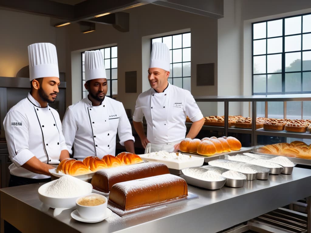  A stunning, ultradetailed 8k image of a diverse group of pastry chefs of different ages and backgrounds, working together in a modern bakery kitchen. The chefs are passionately creating a variety of exquisite pastries, with flour dust in the air and sunlight streaming through the large windows, showcasing a harmonious blend of tradition and innovation in the art of pastry making. Each chef is focused and engaged, highlighting their dedication to the craft and the sense of community and collaboration in the culinary world. hyperrealistic, full body, detailed clothing, highly detailed, cinematic lighting, stunningly beautiful, intricate, sharp focus, f/1. 8, 85mm, (centered image composition), (professionally color graded), ((bright soft diffused light)), volumetric fog, trending on instagram, trending on tumblr, HDR 4K, 8K