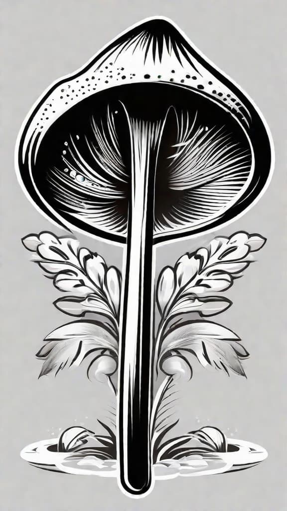  masterpiece, best quality, a broom. crystals growing from the head of the broom. Mushrooms sprouting from the stick of the broom. A tattoo stencil style on a white background.