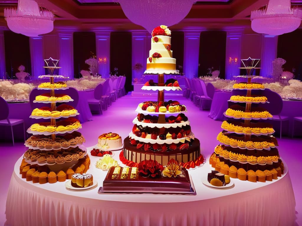  A photorealistic image of a grand charity event hall filled with elegantly decorated dessert tables showcasing an array of intricately designed pastries and cakes. The room is adorned with soft ambient lighting, casting a warm glow on the delectable treats, while attendees in formal attire mingle and admire the exquisite confections. The focal point of the image is a towering multitiered cake adorned with delicate sugar flowers and intricate piping, exuding an air of sophistication and elegance befitting a highend charity fundraiser event. hyperrealistic, full body, detailed clothing, highly detailed, cinematic lighting, stunningly beautiful, intricate, sharp focus, f/1. 8, 85mm, (centered image composition), (professionally color graded), ((bright soft diffused light)), volumetric fog, trending on instagram, trending on tumblr, HDR 4K, 8K