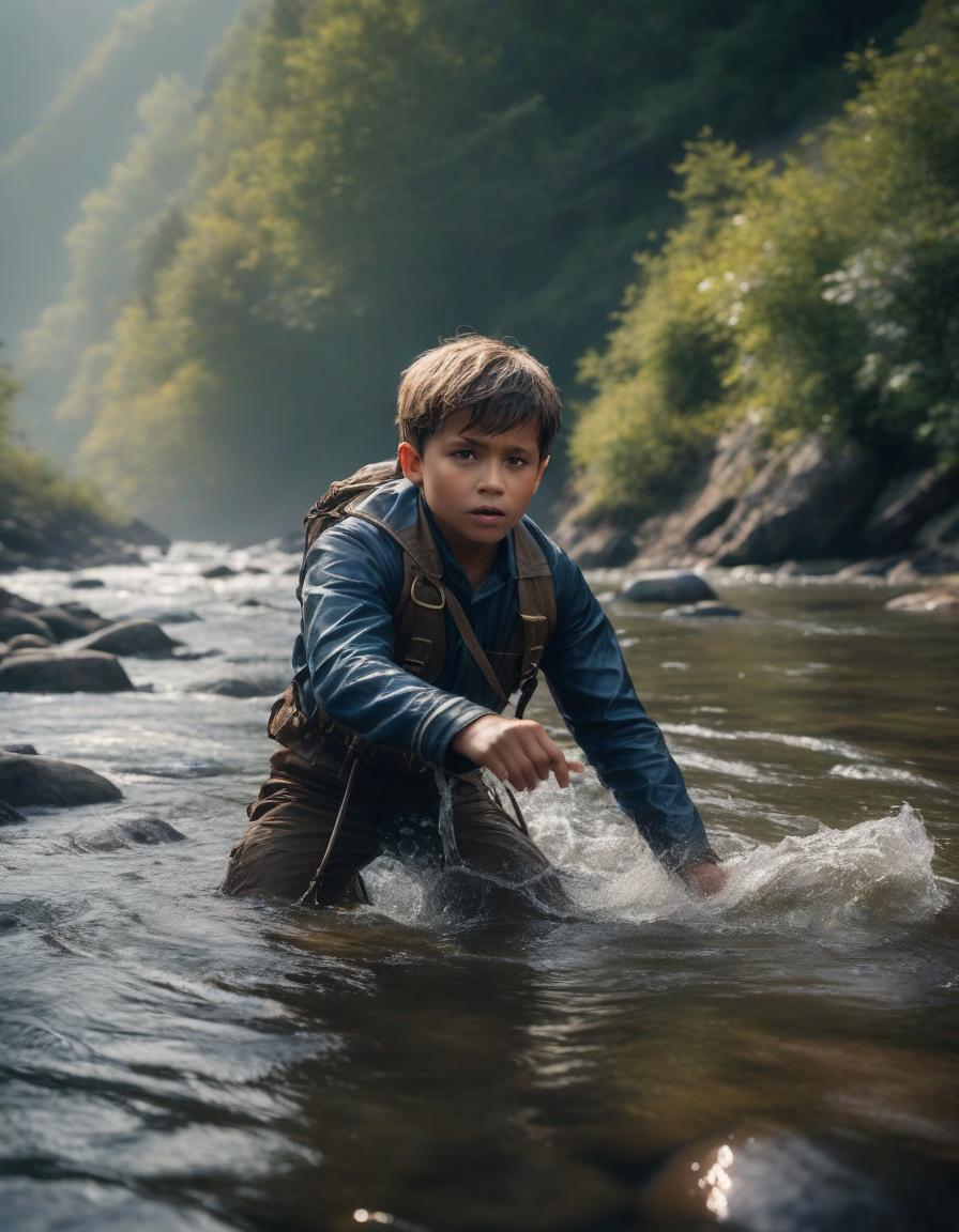  A small boy is drowning in a river on a hill. hyperrealistic, full body, detailed clothing, highly detailed, cinematic lighting, stunningly beautiful, intricate, sharp focus, f/1. 8, 85mm, (centered image composition), (professionally color graded), ((bright soft diffused light)), volumetric fog, trending on instagram, trending on tumblr, HDR 4K, 8K