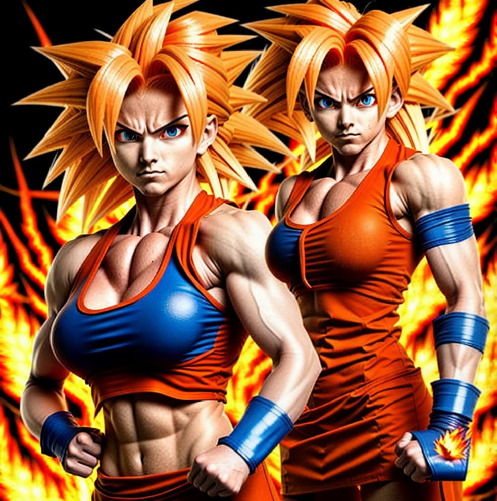  Female super sayan, red goku kostüm. Cute body. Sayan hair, fire eyes, fire hands, high resolution