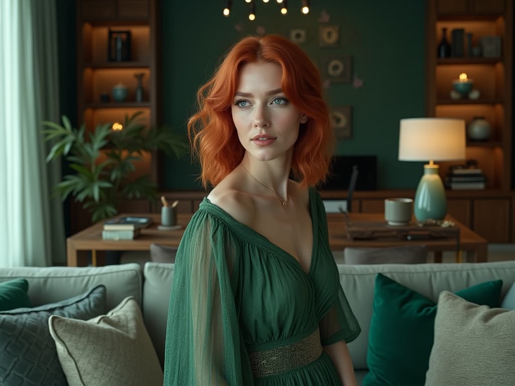  this unedited, 8k photograph captures a stunningly beautiful, adult redhead woman, aged between 30 and 39, dressed in gucci, positioned in a contemporary style living room designed for relaxation and entertainment. the space showcases the latest trends with clean lines, balance, and harmony, embellished with dense furnishings and decorations. the image is hyperrealistic, resembling a photorealistic masterpiece, with intricate details and professional color grading that introduces a green hue for a monochromatic effect, highlighted by bright, soft, diffused light.