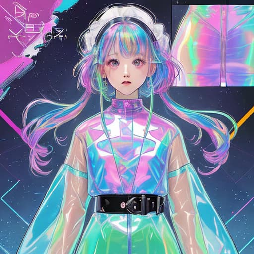  transparent color PVC clothing, transparent color vinyl clothing, prismatic, holographic, chromatic aberration, fashion illustration, masterpiece, girl with harajuku fashion, looking at viewer, 8k, ultra detailed, pixiv, (Zoom To Face:1.3), <lora:dreamlikeDiffusion10 10:1>