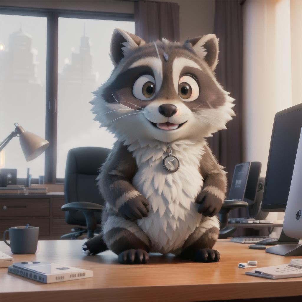  raccoon sitting in gaming chair front a computer on desktop, ((semi anthropomorphic)),(full body), tail, belly, sitting, fat, (chubby), (((white background))), solo, desktop, gaming chair, side view,  [[[clothes]]] hyperrealistic, full body, detailed clothing, highly detailed, cinematic lighting, stunningly beautiful, intricate, sharp focus, f/1. 8, 85mm, (centered image composition), (professionally color graded), ((bright soft diffused light)), volumetric fog, trending on instagram, trending on tumblr, HDR 4K, 8K