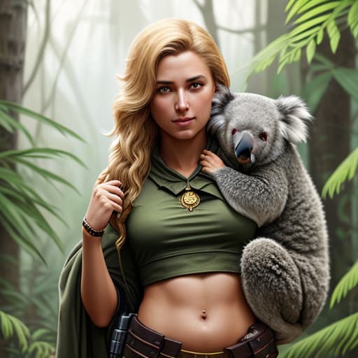  Stunning with golden hair and a koala, she hold the koala in her , beautiful face, sharp eyes, highly detailed, sharp image, Intricate pose, clarity, soft lighting, High image quality, jungle background, ancient painting, ancient art, art by Lee Bogle, cinematic, 4k, epic Steven Spielberg movie still, sharp focus, emitting diodes, smoke, artillery, sparks, racks, system unit, motherboard, by pascal blanche rutkowski repin artstation hyperrealism painting concept art of detailed character design matte painting, by pascal blanche rutkowski repin artstation hyperrealism painting concept art of detailed character design matte painting,