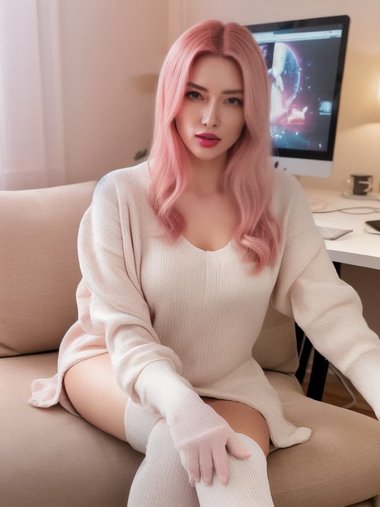  photography,LDR,HDR,UHD,4K,8K,32K,best quality,masterpiece,highly detailed,ultra fine,sharp focus,professional,vivid colorsAppearance: old korean , pink lipstick, e aesthetic, blush, Outfit:pink , , knee high socks, Location:sitting on gaming chair, at home, next to computer,, Extra:rgb lighting, video games, streamer room, podcast, hyperrealistic, full body, detailed clothing, highly detailed, cinematic lighting, stunningly beautiful, intricate, sharp focus, f/1. 8, 85mm, (centered image composition), (professionally color graded), ((bright soft diffused light)), volumetric fog, trending on instagram, trending on tumblr, HDR 4K, 8K