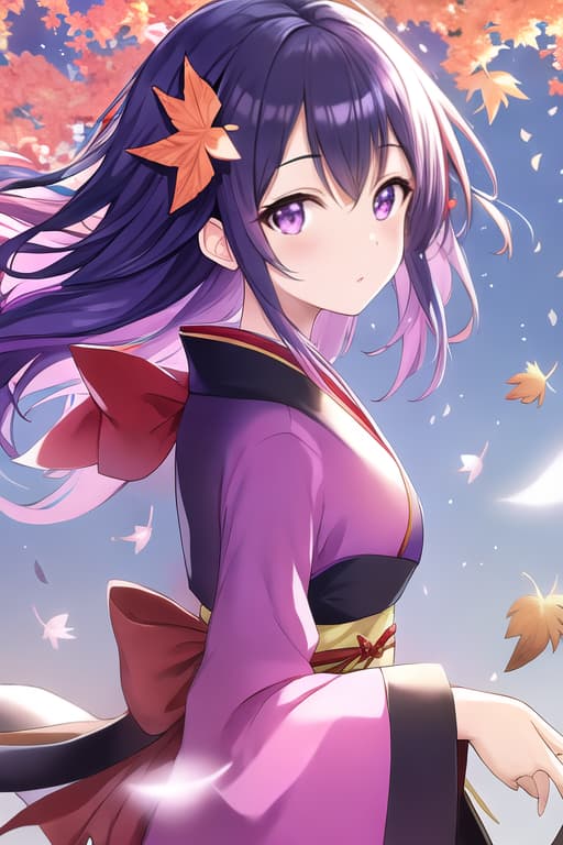  (((masterpiece))) 1girl, pink kimono kamado nezuko  high resolution, looking at viewer, beautiful detailed background, solo, upper body, (((wind blowing))) glowing light, (((falling leaves))), (((light particles))) ((debris)), (( Dark blue hair )), (( purple eyes )), (( black kimono ))
