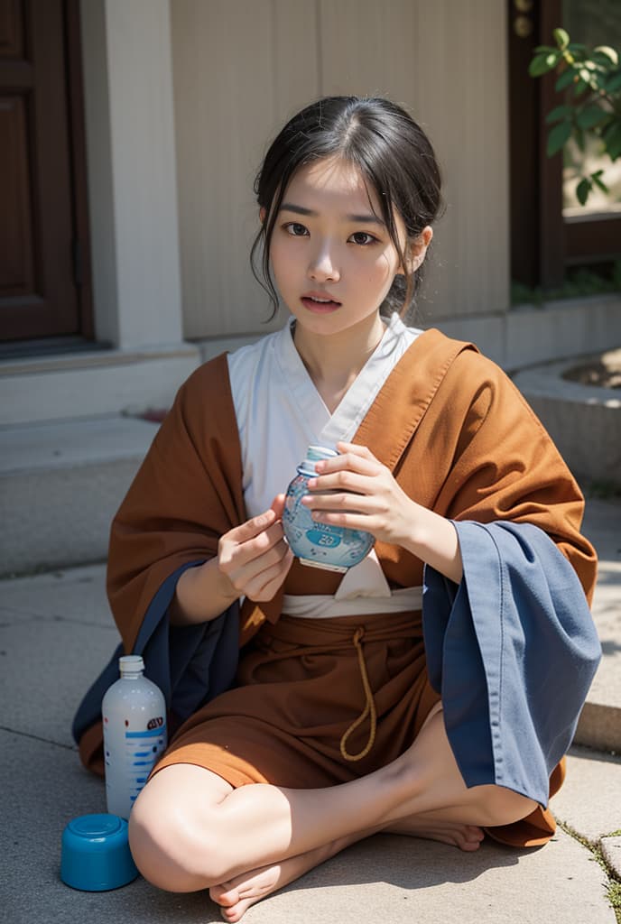  Portrait of a monk begging for alms, wearing a cloth sewn with many small colorful pieces, holding an alms bowl containing water bottles, a long journey, looking calm., ADVERTISING PHOTO,high quality, good proportion, masterpiece , The image is captured with an 8k camera and edited using the latest digital tools to produce a flawless final result.