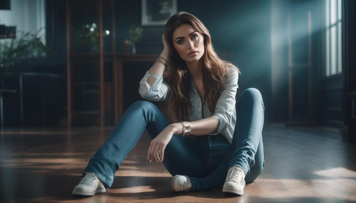  A long haired green eyed girl is sitting in jeans on the floor in a room. hyperrealistic, full body, detailed clothing, highly detailed, cinematic lighting, stunningly beautiful, intricate, sharp focus, f/1. 8, 85mm, (centered image composition), (professionally color graded), ((bright soft diffused light)), volumetric fog, trending on instagram, trending on tumblr, HDR 4K, 8K