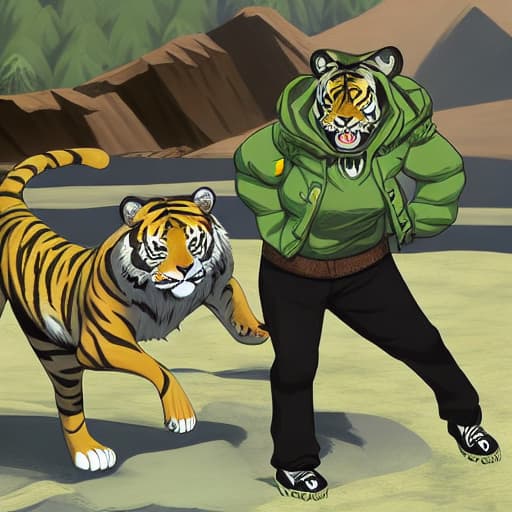  A sabertooth tiger, and aunt Artika going on an adventure highly detailed
