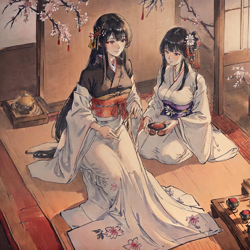  ((Masterpiece)), (((best quality))), 8k, high detailed, ultra-detailed. An ethereal Japanese beauty, with flowing midnight black hair, kneeling gracefully in a traditional tea ceremony room. She wears an exquisite silk kimono adorned with intricate patterns of blooming cherry blossoms. The room is adorned with elegant calligraphy scrolls and delicate porcelain tea cups. Soft rays of sunlight filter through the shoji screens, creating a serene and intimate atmosphere. hyperrealistic, full body, detailed clothing, highly detailed, cinematic lighting, stunningly beautiful, intricate, sharp focus, f/1. 8, 85mm, (centered image composition), (professionally color graded), ((bright soft diffused light)), volumetric fog, trending on instagram, trending on tumblr, HDR 4K, 8K