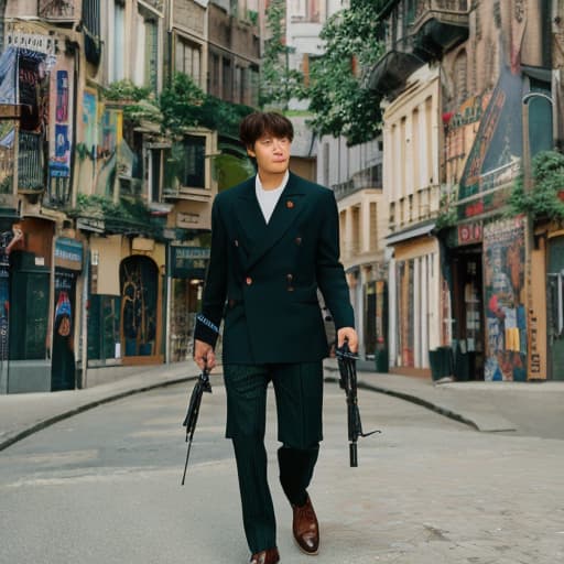 analog style jeon jungkook with a gun hyperrealistic, full body, detailed clothing, highly detailed, cinematic lighting, stunningly beautiful, intricate, sharp focus, f/1. 8, 85mm, (centered image composition), (professionally color graded), ((bright soft diffused light)), volumetric fog, trending on instagram, trending on tumblr, HDR 4K, 8K