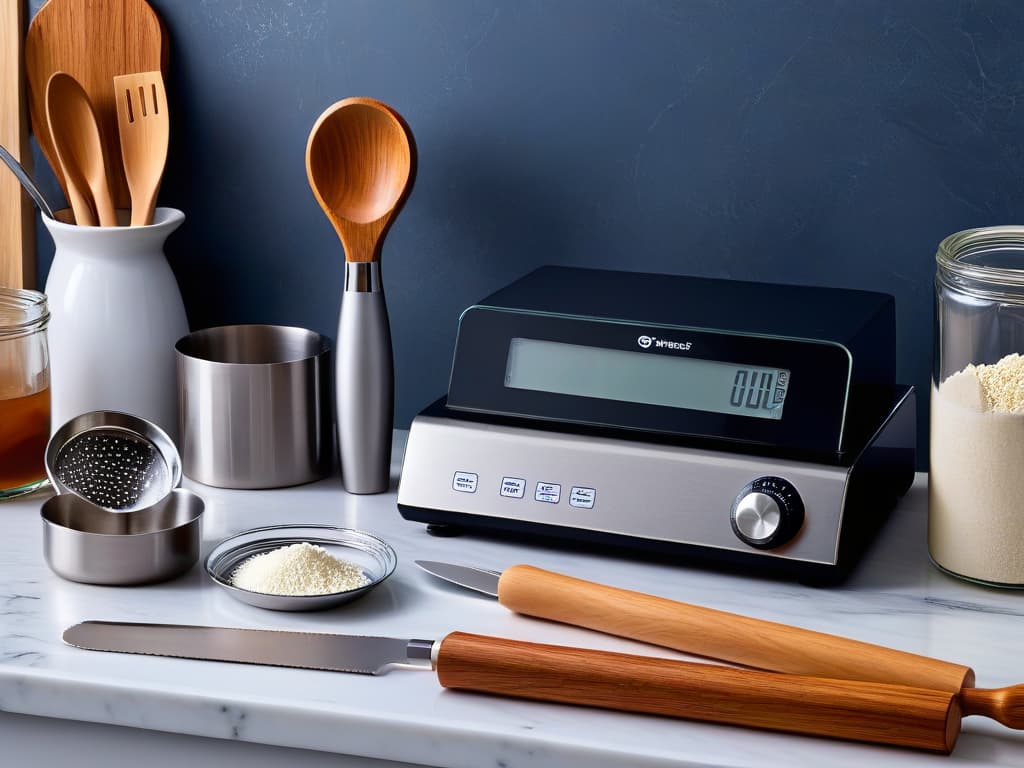  An ultradetailed 8k image of a sleek, modern kitchen countertop adorned with an array of highquality baking utensils such as precision spatulas, measuring spoons, a digital scale, and a marble rolling pin. The utensils are neatly organized, reflecting professionalism and efficiency in baking. The image captures the essence of a wellequipped and inspiring kitchen setup for pastry enthusiasts. hyperrealistic, full body, detailed clothing, highly detailed, cinematic lighting, stunningly beautiful, intricate, sharp focus, f/1. 8, 85mm, (centered image composition), (professionally color graded), ((bright soft diffused light)), volumetric fog, trending on instagram, trending on tumblr, HDR 4K, 8K