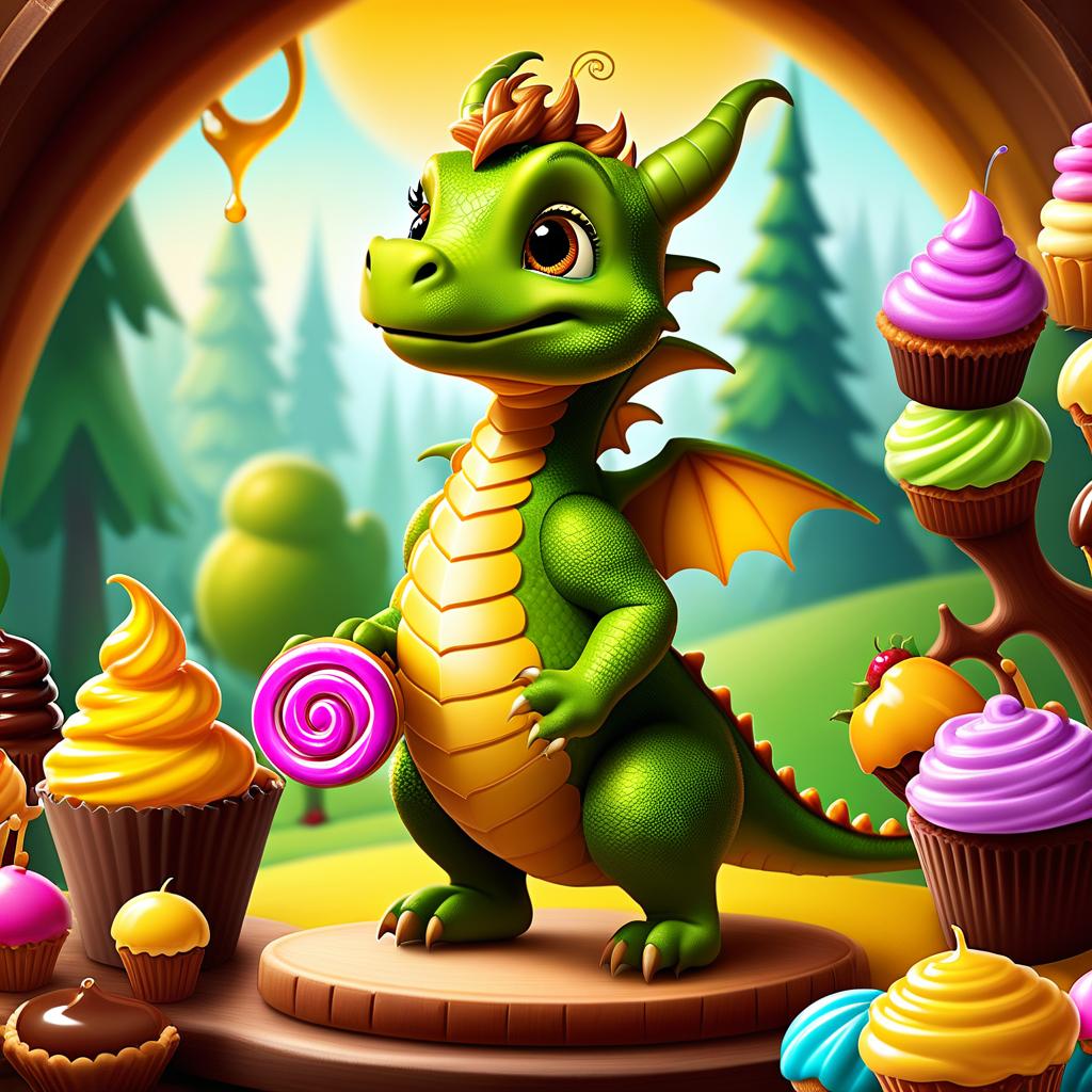  fairy tale A funny little, adorable dragon, a sweet tooth, an invitation to a bear's birthday party, a trip to a candy factory, a fall into chocolate. Style:fairy tale, fantasy. Mustard is no good for me, And I'm running from pepper, Mustard makes me sad I can cry! I like to chew candy And halva and sweet honey, Whoever likes to chew candy Will understand me well . magical, fantastical, enchanting, storybook style, highly detailed hyperrealistic, full body, detailed clothing, highly detailed, cinematic lighting, stunningly beautiful, intricate, sharp focus, f/1. 8, 85mm, (centered image composition), (professionally color graded), ((bright soft diffused light)), volumetric fog, trending on instagram, trending on tumblr, HDR 4K, 8K