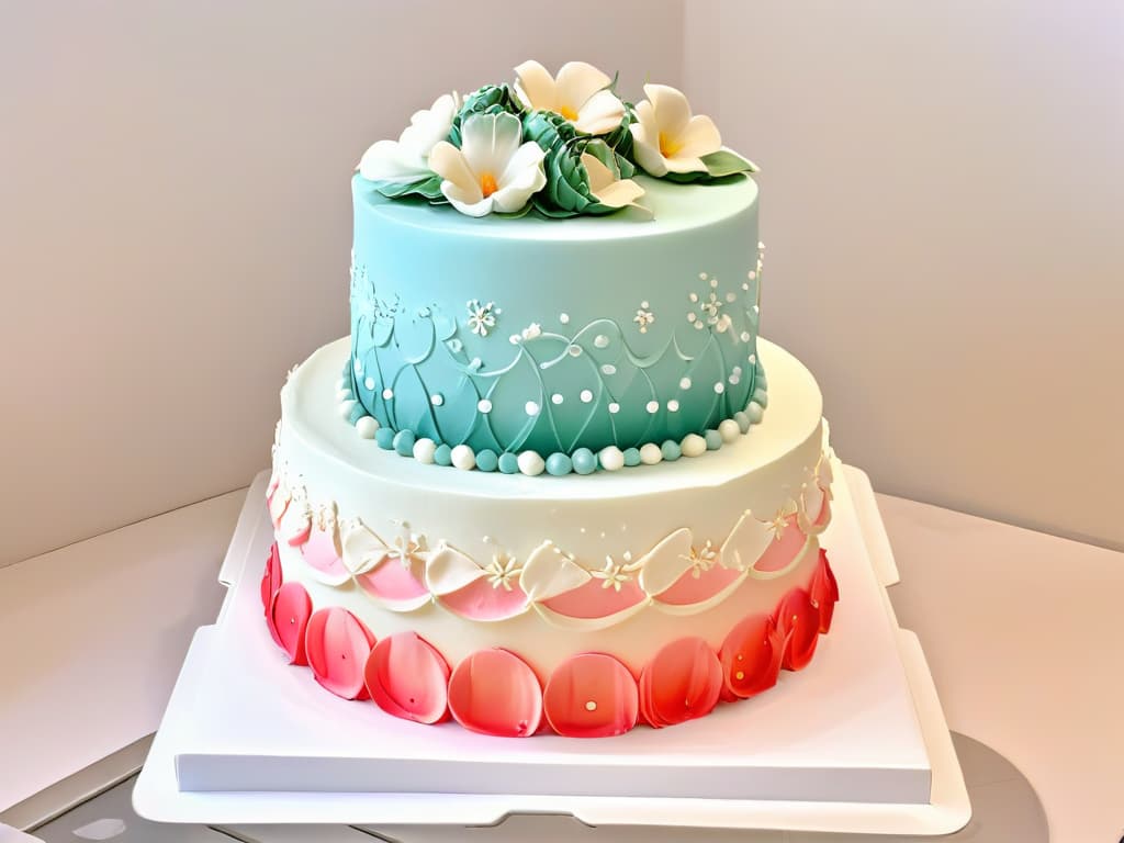  An intricately detailed closeup image of a beautifully textured fondant cake with delicate lacelike patterns, showcasing the seamless blend of traditional and modern techniques in pastry decoration. The cake features a gradient color scheme of pastel hues, highlighting the precise artistry and attention to detail that elevates it to a work of edible art. hyperrealistic, full body, detailed clothing, highly detailed, cinematic lighting, stunningly beautiful, intricate, sharp focus, f/1. 8, 85mm, (centered image composition), (professionally color graded), ((bright soft diffused light)), volumetric fog, trending on instagram, trending on tumblr, HDR 4K, 8K